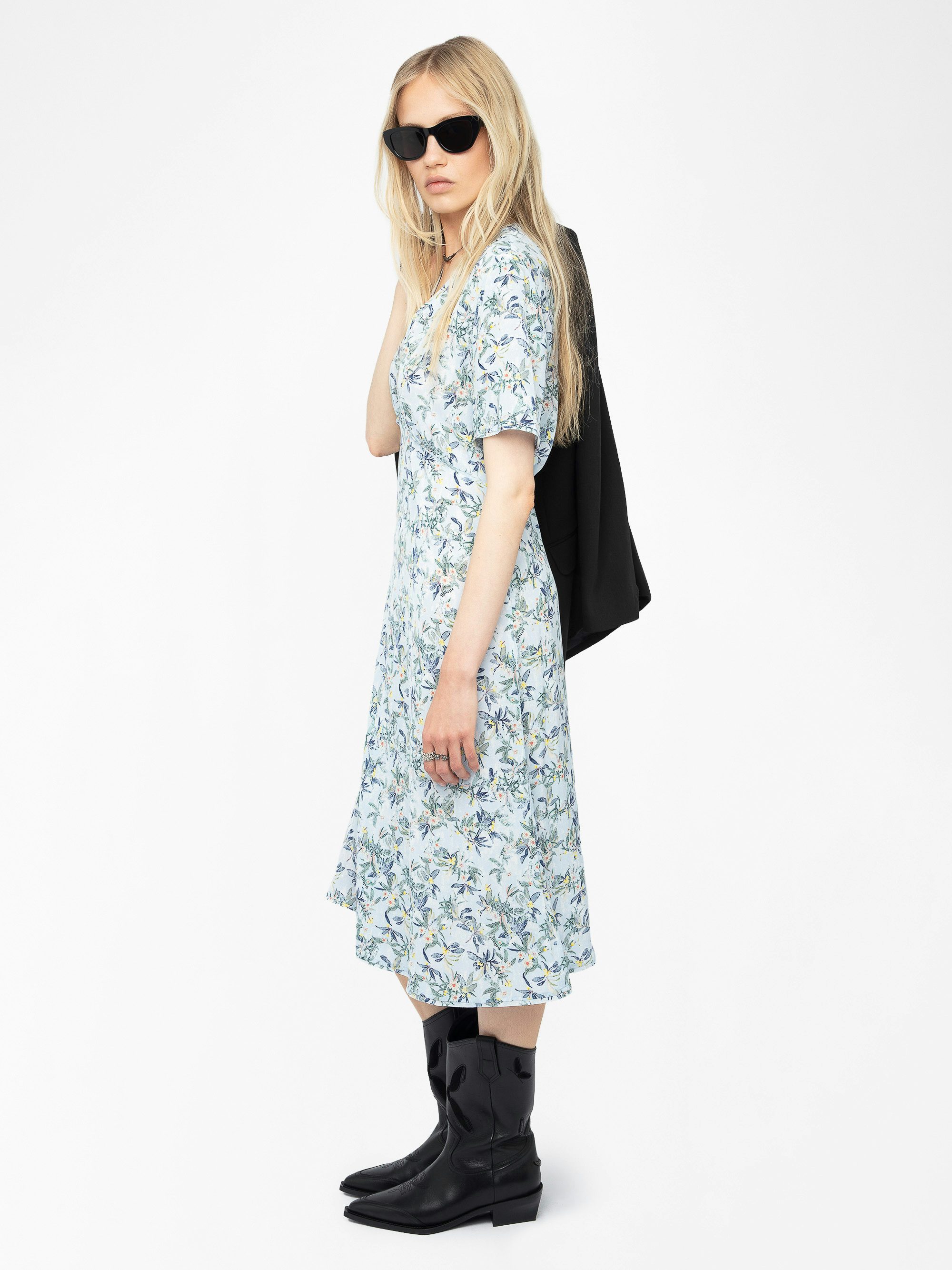 Rhodral Dress - Mid-length printed viscose dress with short sleeves and buttoned neckline.